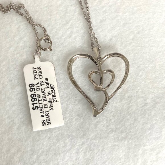 Sterling Silver 925 0.15 CTTW Diamond Heart In Heart Pendant Necklace 18" Chain - Picture 8 of 16